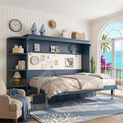 Lit plateforme escamotable avec tablette, armoires latérales et tiroirs Murphy, lit escamotable tout-en-un pour le bureau à domicile et la chambre d'amis