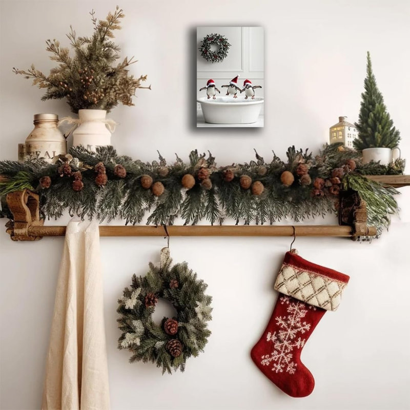 «Drôle de pingouins en père Noël», art mural 24 po x 36 po