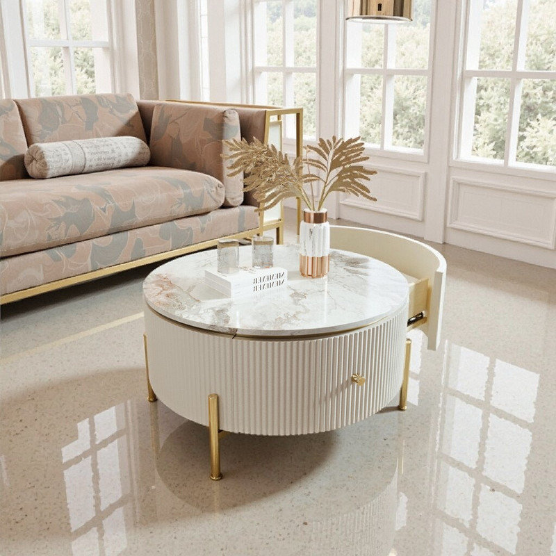 Table basse ronde de 31,5 po avec 2 grands tiroirs, plateau en panneau de fibres à densité moyenne et base en métal pour le rangement du salon