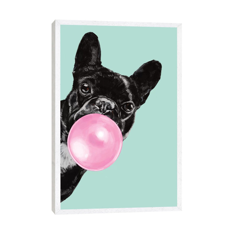 Sneaky Bulldog Blowing Bubble Gum by Big Nose Work - Print on Canvas, 152.5 cm H x 101.5 cm W, White Framed