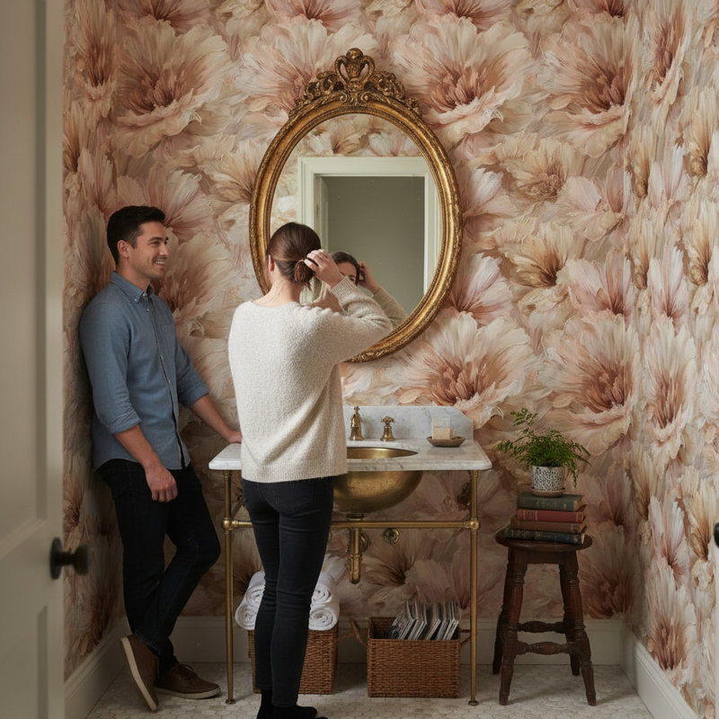 Papier peint floral beige avec décoration murale élégante et amovible