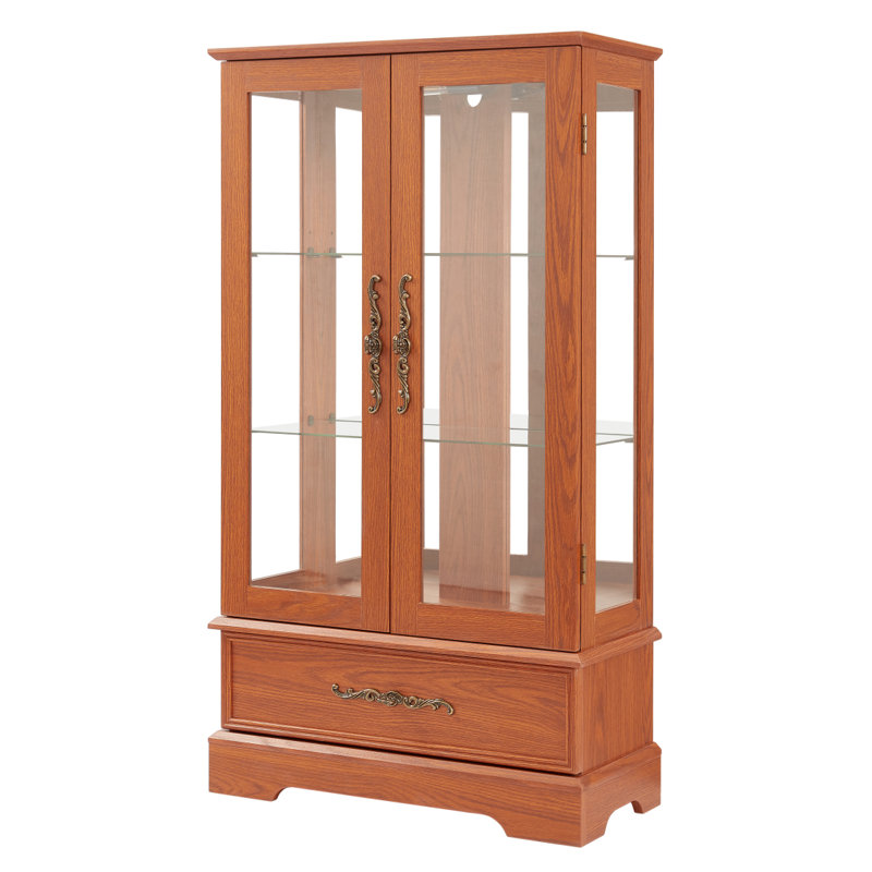 Vitrine lumineuse en verre avec tablettes réglables - Élégante vitrine à 2 portes et tiroir intégré, y compris l'ampoule - chêne foncé