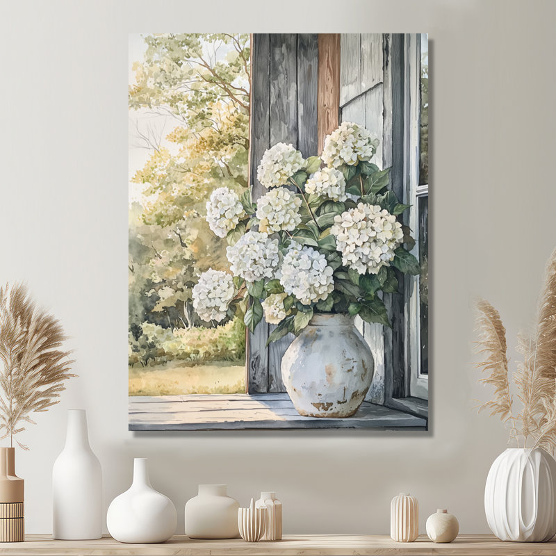 «Country Hydrangeas Pot In The Summer Breeze - Hydrangea», art mural en métal traditionnel, H 32 po x l 24 po