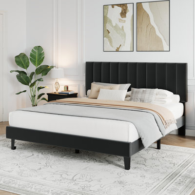 Bed Frame with Adjustable Velvet Upholstered Headboard, Vertical Channel Tufted Platform Bed Frame