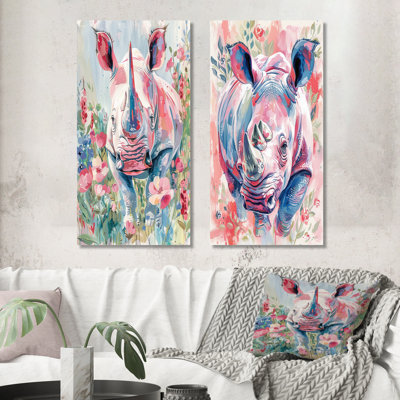 Ensemble de 2 pièces d'art mural rhinocéros rose et vert Wondering Meadows I