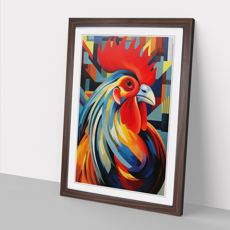 Rooster Constructivism - Single Picture Frame Print on Wood, 46cm H x 34cm W x 2cm D, Walnut
