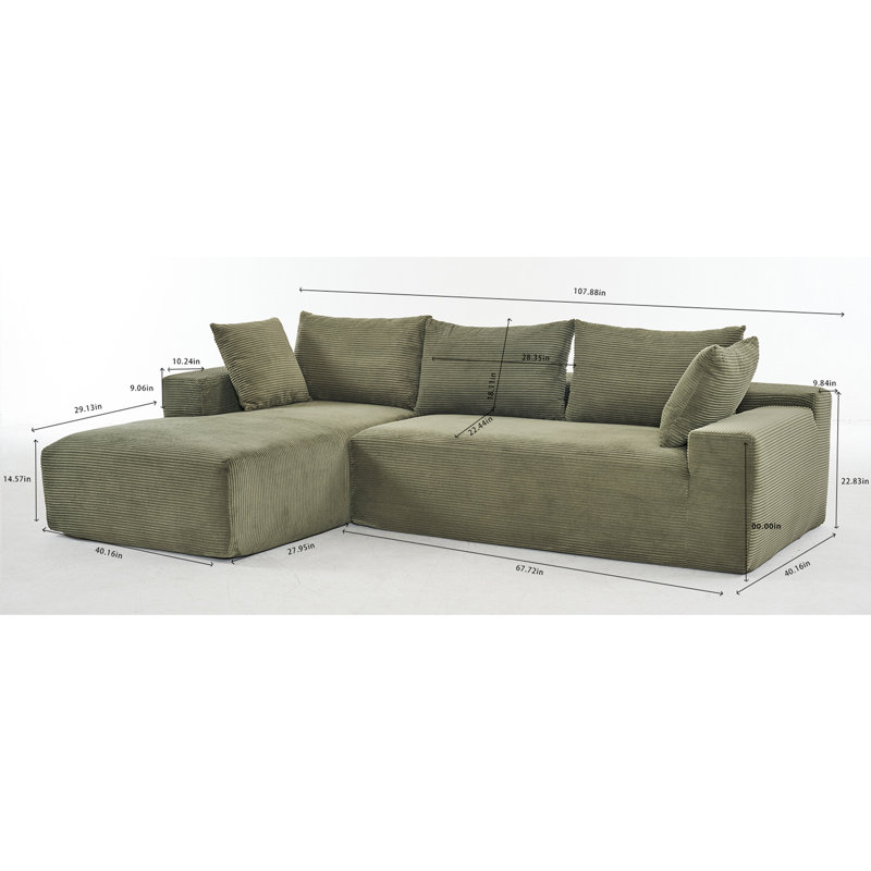 2 - Piece 107.8" L-Shaped Upholstered Sectional Sofa Couch, Green Corduroy