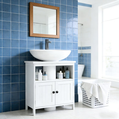 Armoire sous le lavabo en bois d'ingénierie blanc pour salle de bain, design moderne, peu encombrant avec porte de rangement et tablette requise, basculant, l 23,5 po x P 11,75 po, assemblage requis, porte