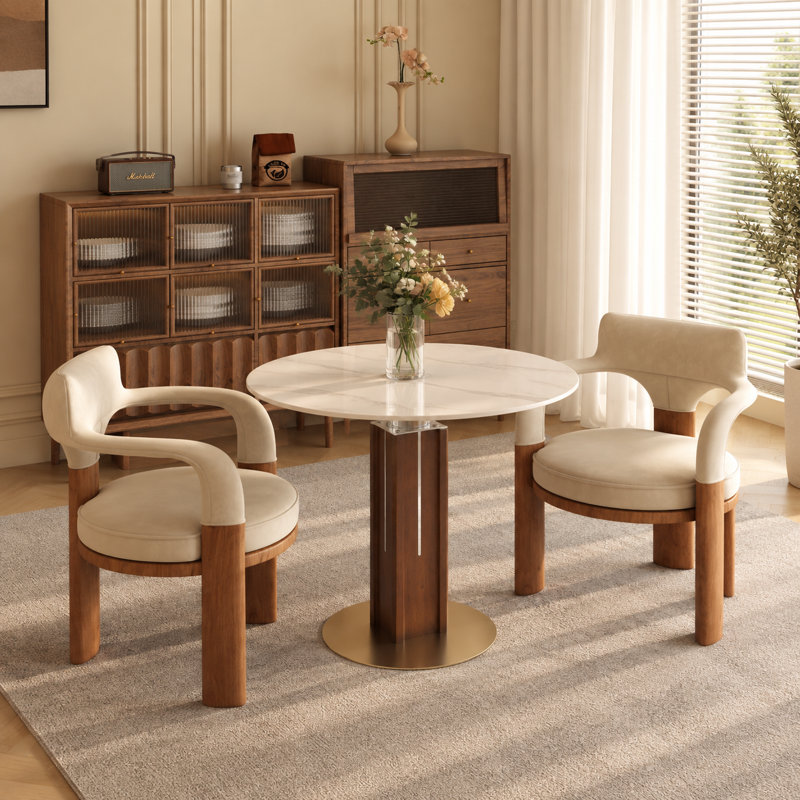 33" Luxe Round Dining Table with Multi-Layer Walnut Pedestal and Brushed Gold Base — Available in Glass, White Marble, Warm Marble Tops