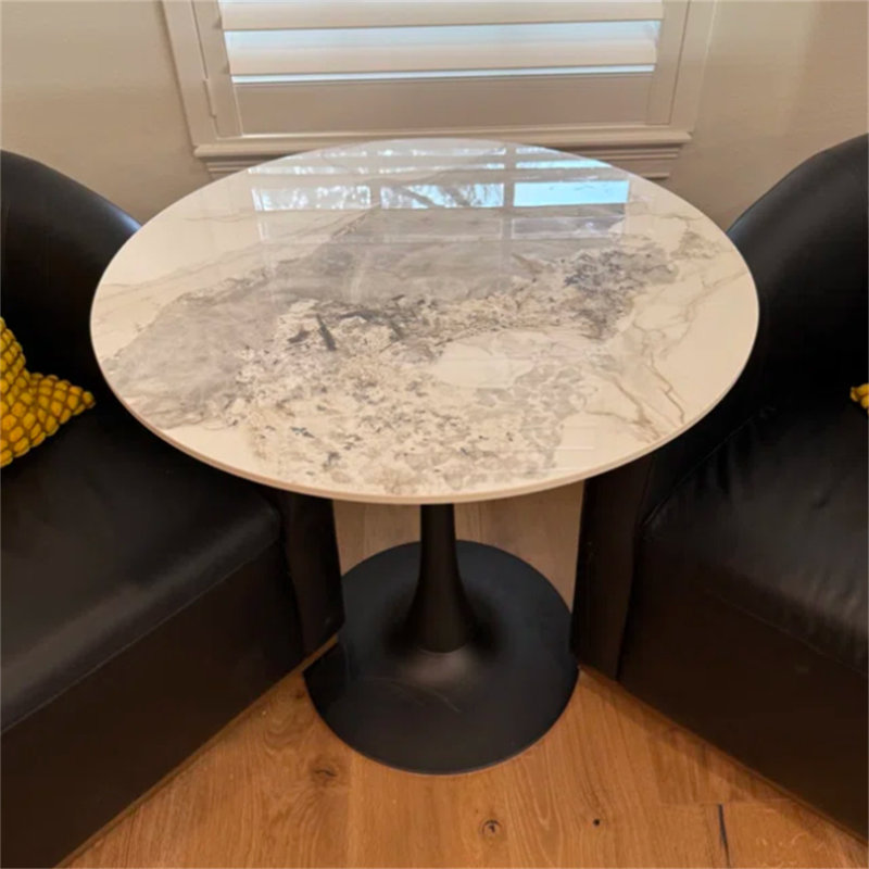 Table bistro de cuisine ronde avec plateau en pierre frittée, H 30,9 po x l 30,9 po x P 33,66 po, Blanc / émeraude, Noir