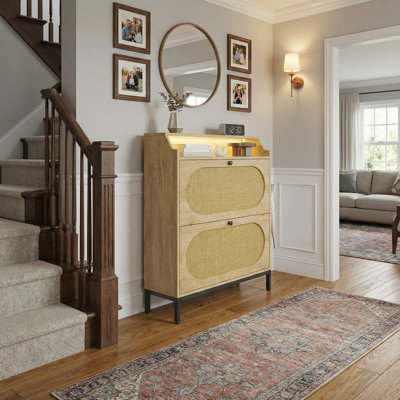 Mid-century Modern Narrow Shoe Cabinet With Rattan Doors And Led, 2-tier Flip Drawers And Open Shelf, Entryway Storage Cabinet For Small Apartments, Engineered Wood