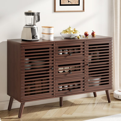 Buffet Cabinet With Slatted Doors, 47" W Sideboard Buffet With Drawers, Modern Mid Century Accent Storage Cabinet For Living Room, Entryway, Kitchen,