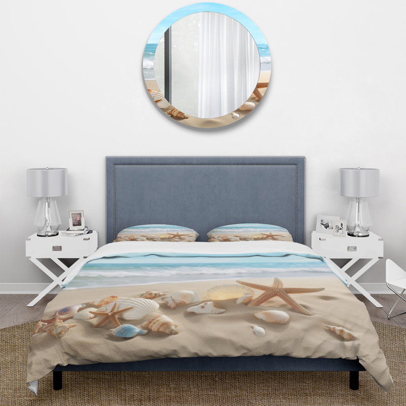 Starfish and Seashells Twin Beige and Blue Microfiber Duvet Cover Set