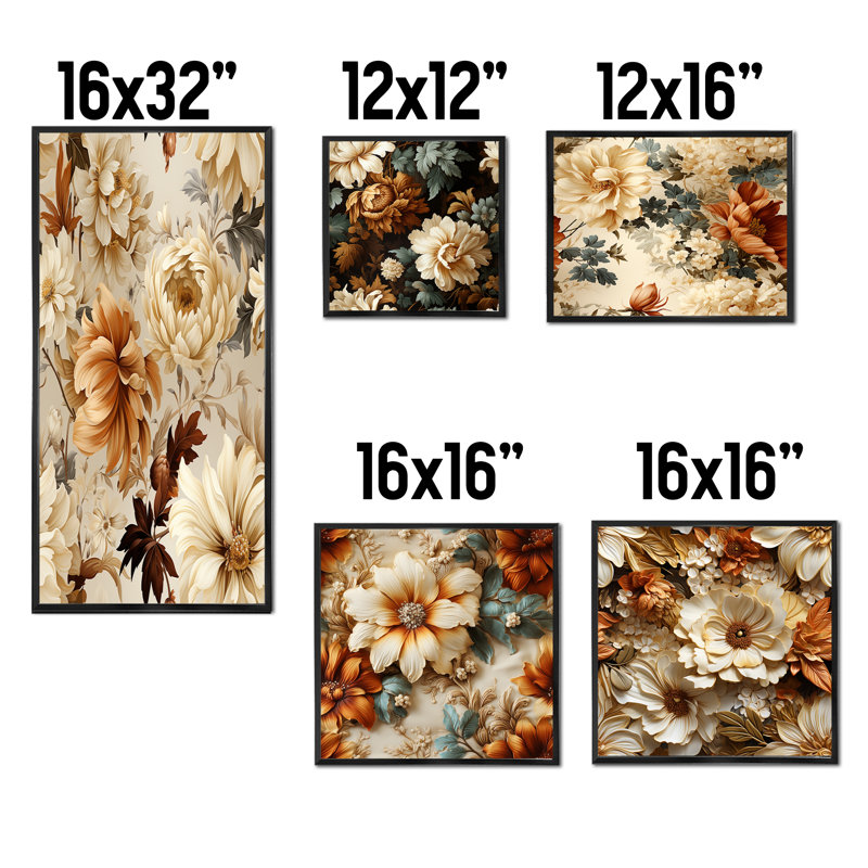 Rustic Brocade Elegance Victorian Motif - Ensemble de 5 décorations murales florales, Cadre flottant noir