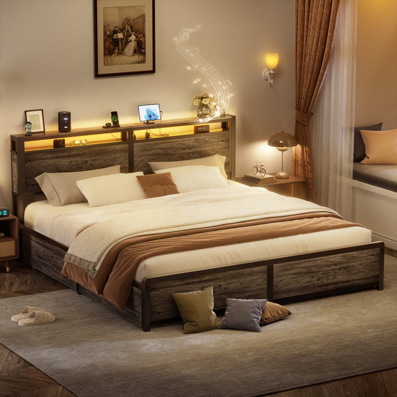 Bed Frame With 4 Drawers, Metal Frame With LED Light And Outlet, Storage Headboard, Gray, King