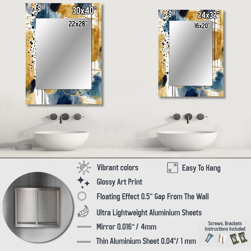 Kiesel Abstract Pattern With Blue & Golden Textures V - Abstract Collages Decorative Wall Mirror, Blue Mirror, Printed Metal Art