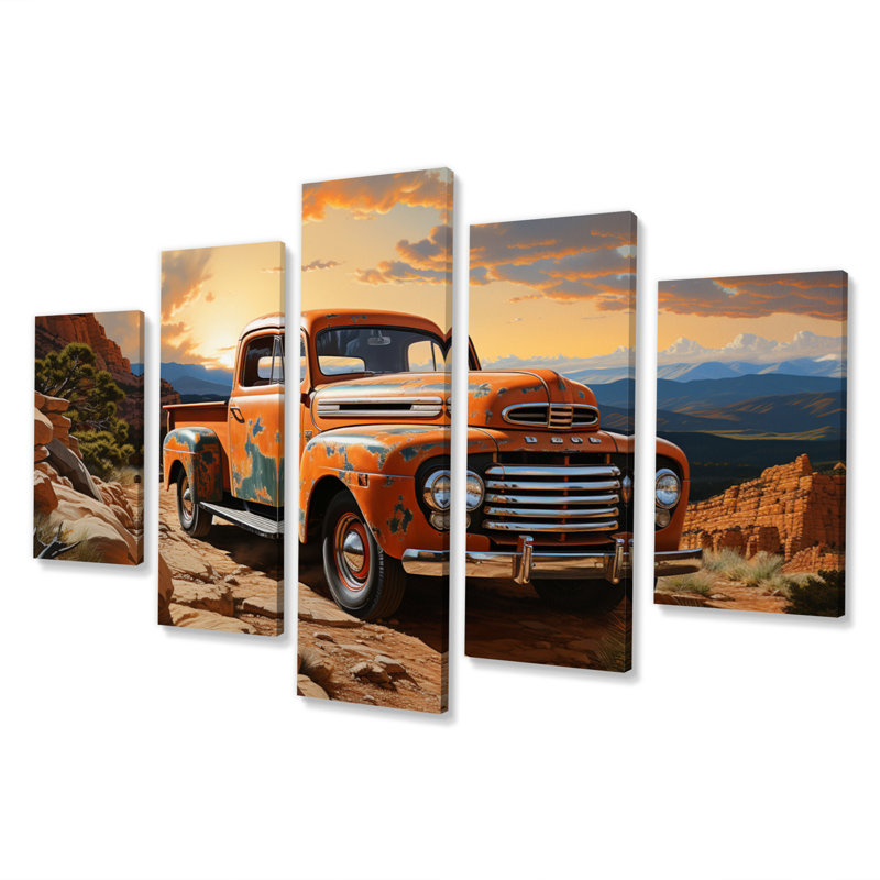Orange Pickup Truck In Nevada Landscape - Transportation Canvas Print - 5 Panels