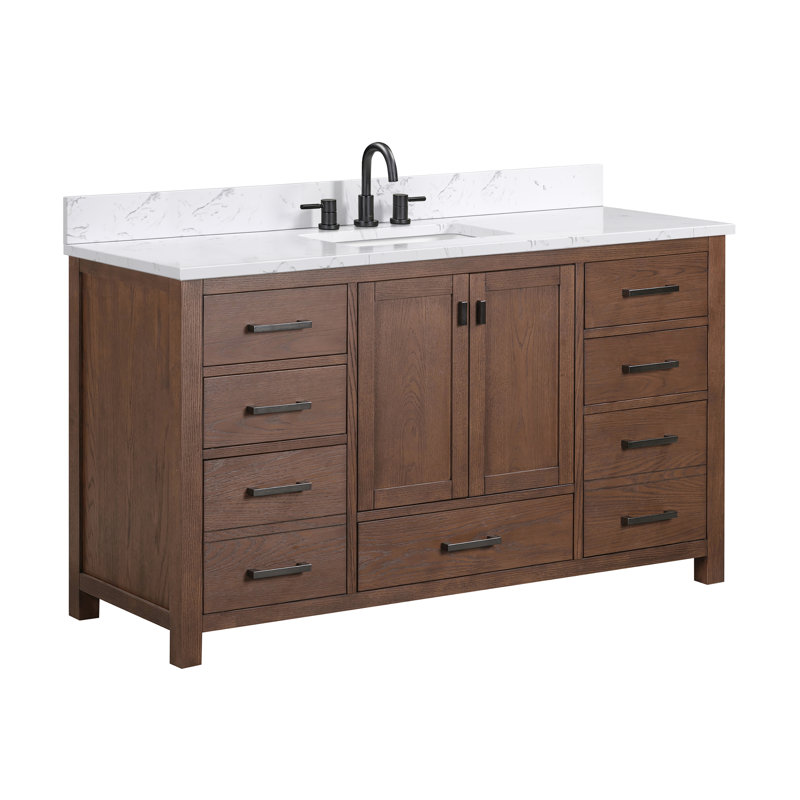 Meuble-lavabo simple 60 po avec plateau Souther, Marbre blanc de Cala, Chêne moka, Noir