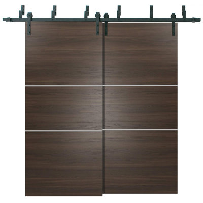 Portes coulissantes de placard de style grange Planum 0110 Frêne en chocolat, fixation supérieure robuste, rails de 2 m, ensemble de quincaillerie, portes de placard de chambre en bois massif - 91 x 244 cm (2 x 46 x 244 cm)