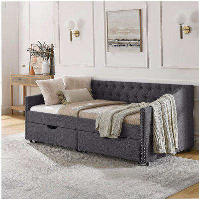 Lit de jour simple avec tiroirs, canapé-lit capitonné, avec bouton sur le dos et clou en cuivre sur les accoudoirs ondulés (81,5 po x 4 po x 30,5 po)