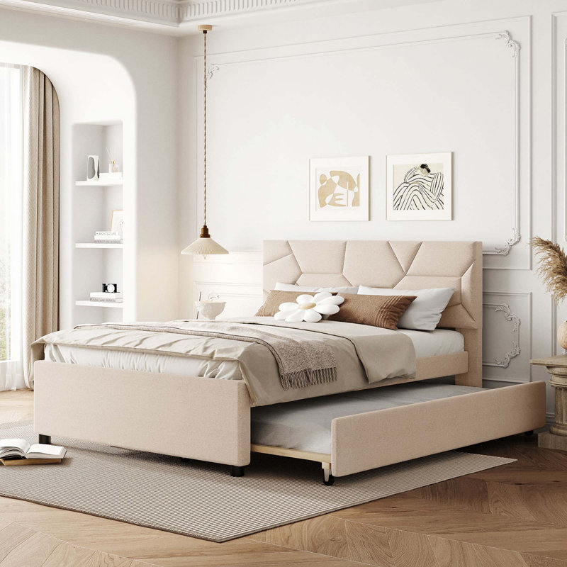 Lit plateforme tapissier avec lit gigogne, Beige, Double