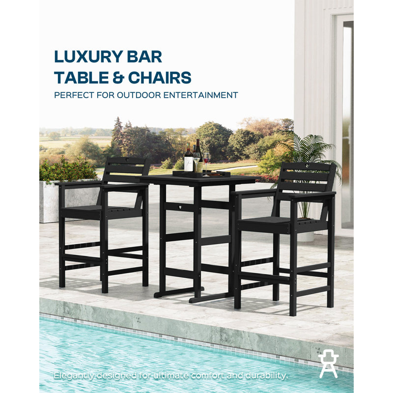 5-Piece Bar Height Outdoor Table and Chairs Set HDPE Wood Grain Patio Bar Table and Chairs with Heart Cutout Design, Black