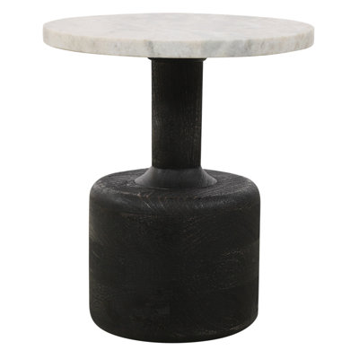 21" White and Black Distressed Marble and Solid Wood Round Pedestal End Table
