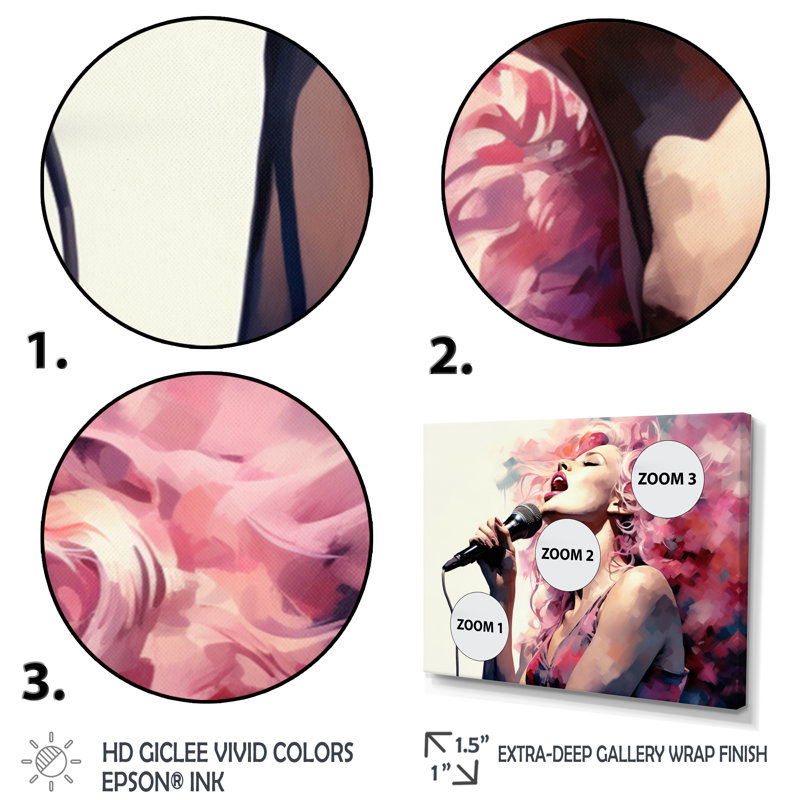 «Pink Black Music Vocal Expression II», reproduction d'art sur toile, H 12 po x l 20 po x P 1 po, Cadre simple noir