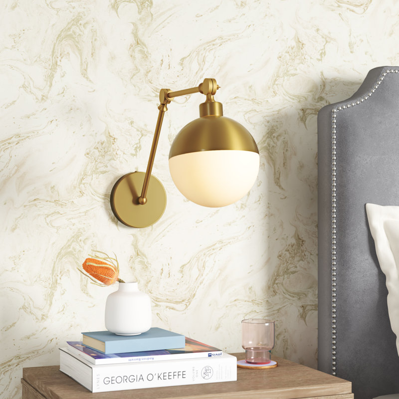 Zina 1-Light Modern Industrial Adjustable Swing Arm Metal Frosted Glass Globe LED Sconce, Brass Gold