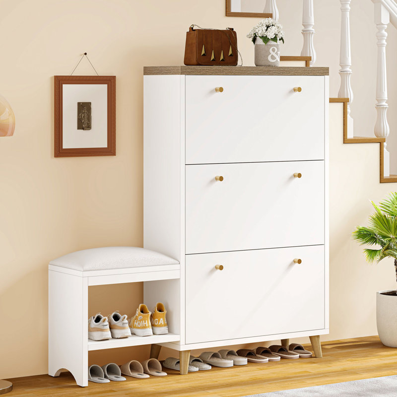Modern Narrow Hidden Shoe Storage Cabinet Organizer With Bench For Entryway With 3 Flip Drawer, White