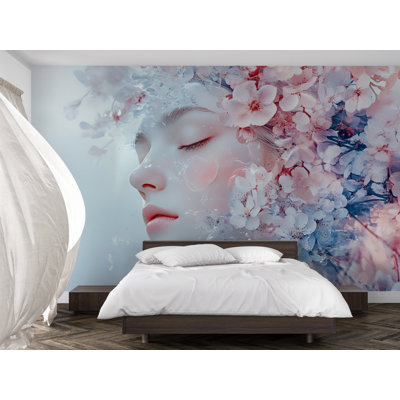 Papier peint floral avec portrait de femme - peinture murale à motif de fleurs surréelles