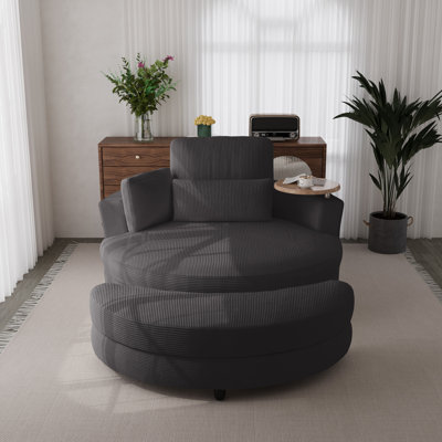 Upholstered Swivel Barrel Chair With Ottoman And Tray, Soft Corduroy Fabric