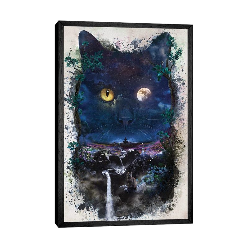 Night Cat 1 Piece Painting on Canvas, 66.04cm H x 45.72cm W x 3.81cm D, Black Framed