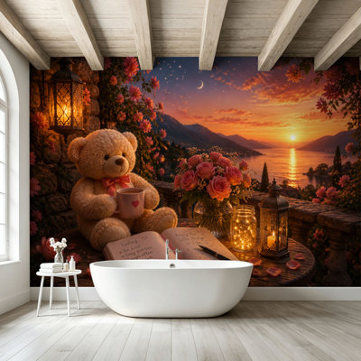 Peler et coller le papier peint mural Ours en peluche Cozy Sunset