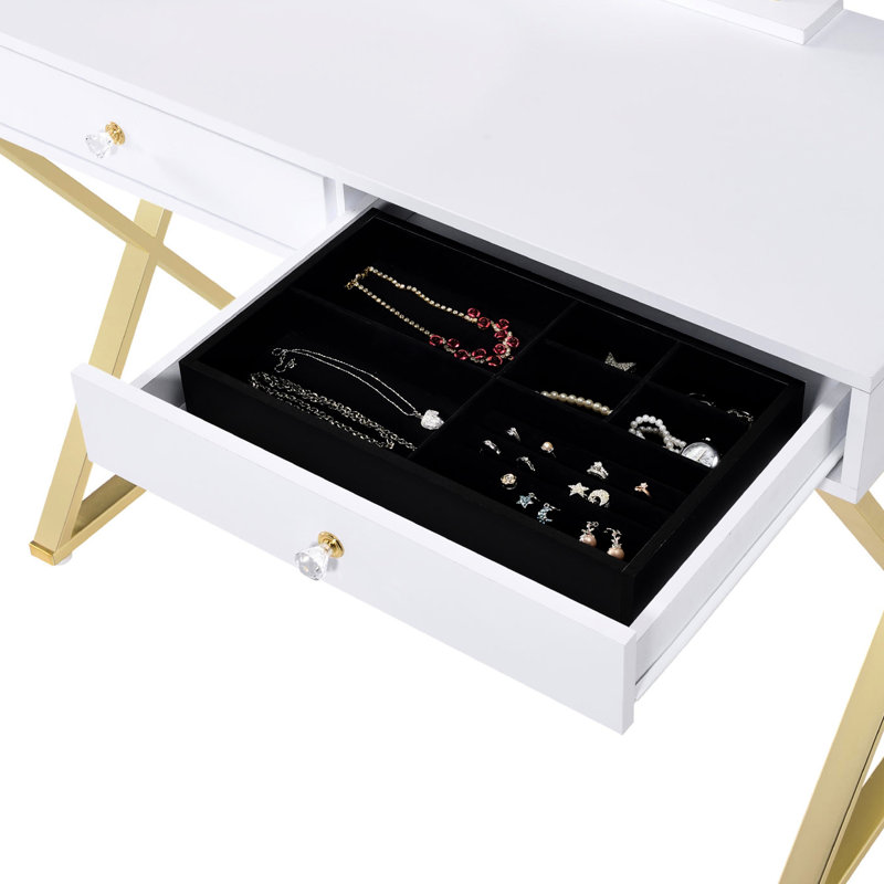 Rectangular White And Gold Vanity Desk With Included Mirror Jewelry Tray, Metal Frame, 2 Drawers For Cosmetics Other Items Spacious Bedroom Storage