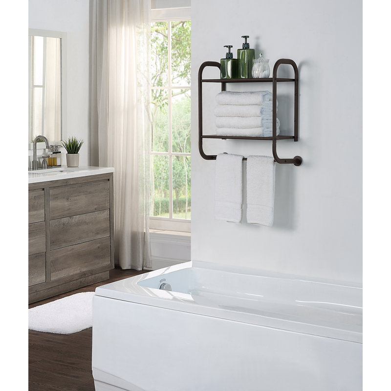 Demeatra Compact Wall Mount 2 Tier Bathroom Shelf with Towel Bars, Brown