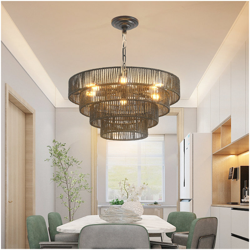 Lustre suspendu rustique en corde de chanvre noir de 20 po à 4 niveaux avec 6 douilles E12, plafonnier Boho fabriqué à la main pour la salle à manger, la cuisine ou le vestibule (ampoule non incluse)