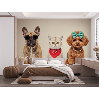 Grooming Salon Pet Trio Watercolor Print Wallpaper – French Bulldog, Kitten, And Poodle Art, Stylish Animal Wall Decor, Chic Pet Portrait Decor 694RS (Peel-N-Stick) RS694