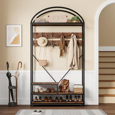 Arched Iron Hall Tree with Shoes Storage Shelf & 16 Hooks