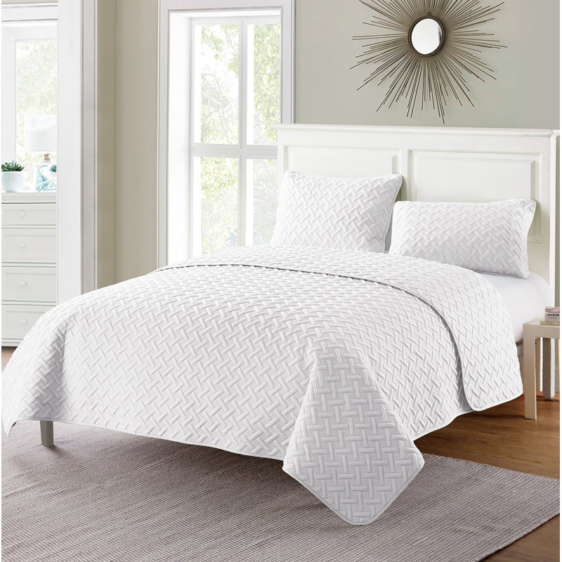 Ensemble de courtepointe à tissage de panier Nina, Blanc, Couvre-lit simple + 1 taie
