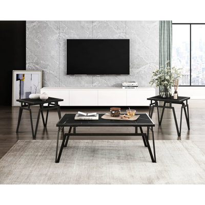 Table d'appoint 3 pièces Classy: pierre frittée noire et plateau contemporain élégant en métal et base élégante
