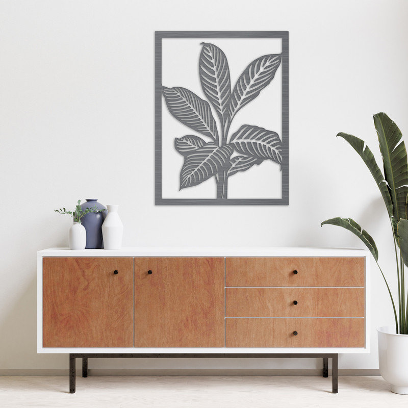 Art mural rectangulaire de plante détaillée - ACM argent (46 po x 35,49 po), Noir, H 32 po x l 24,7 po x P 0,25 po