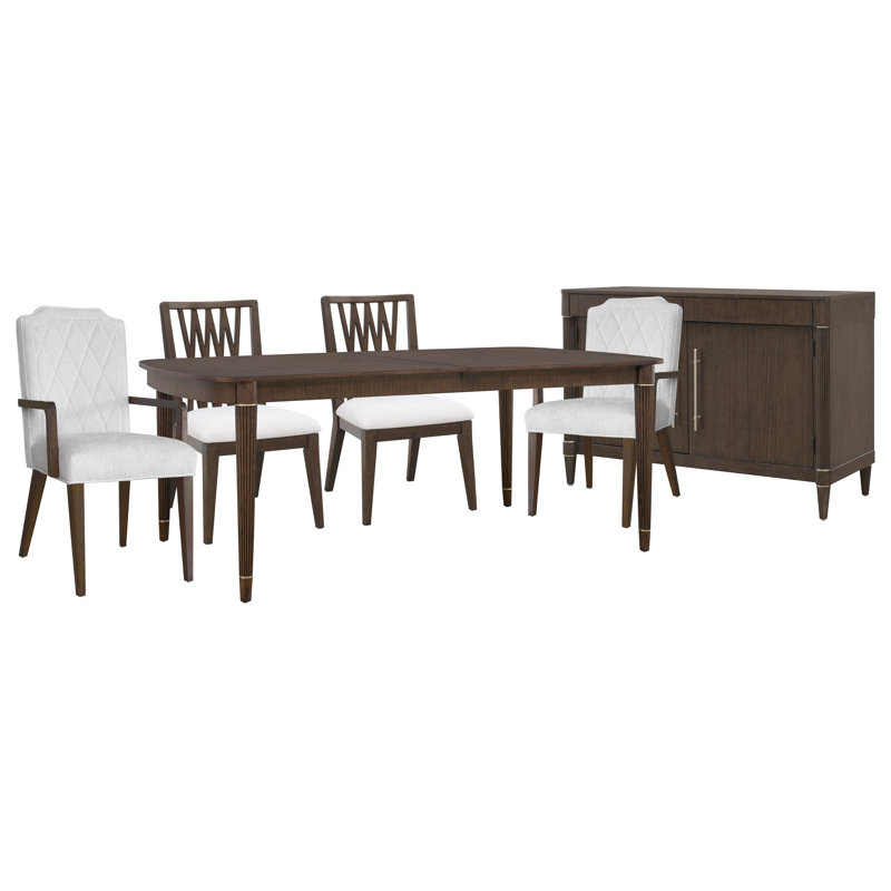 Table de salle à manger à pieds avec dossier en bois et chaises rembourrées, 6 pièces: table, 4 chaises, desserte