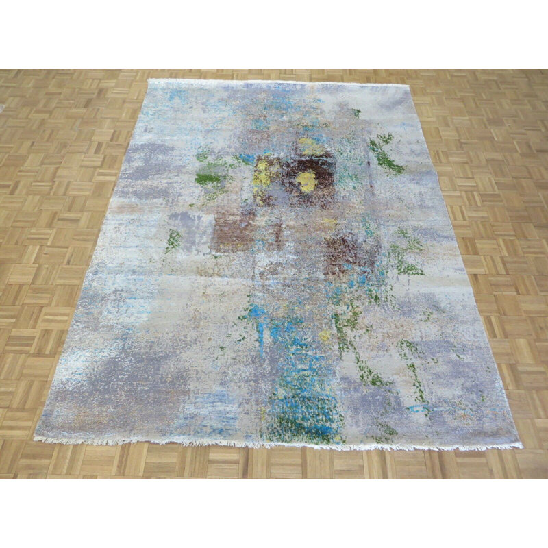 Tapis oriental moderne bleu / brun / jaune / lavande noué à la main avec motif abstrait en laine / soie