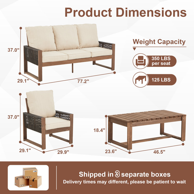 Ensemble de patio 4 pièces en cèdre avec corde et coussins en PE - Ensemble de conversation extérieur toutes saisons, Beige
