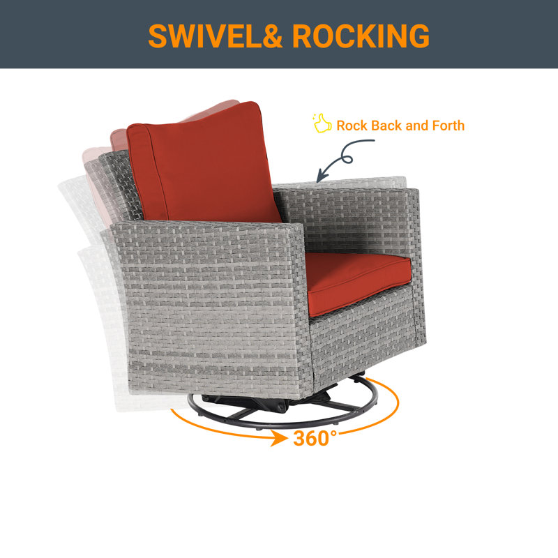 Ashvin 5 Piece Wicker Conversation Set with Cushions and Rocking Swivel Chairs, Brick Red