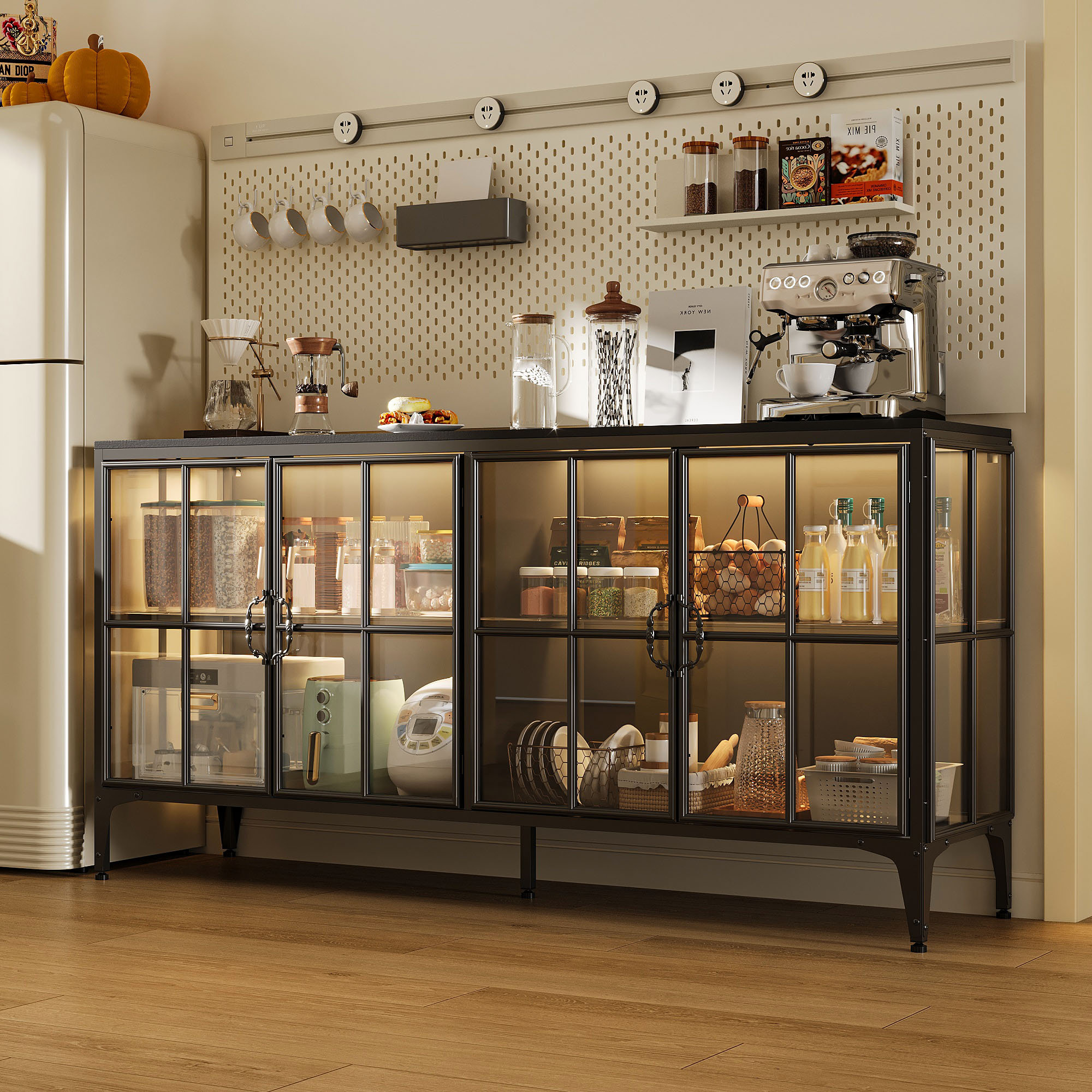 Wrought Studio™ 63" Industrial Kitchen Storage Cabinet With Glass Doors ...