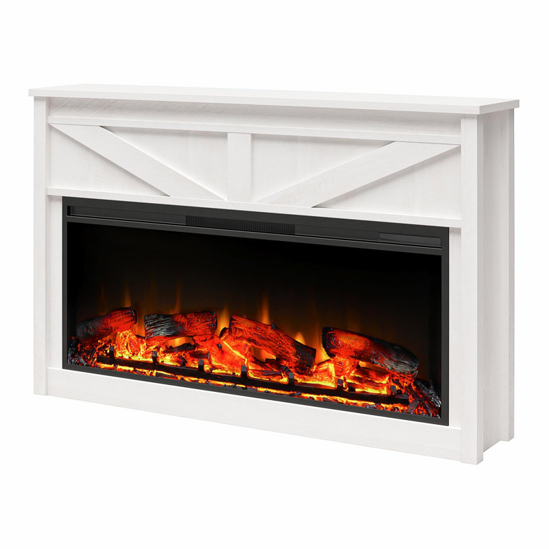 Wide Modern Farmhouse Mantel with Electric Fireplace, Ivory Oak