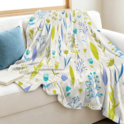 Jeté en flanelle transparente molletonnée, imprimé floral sur fond simple face