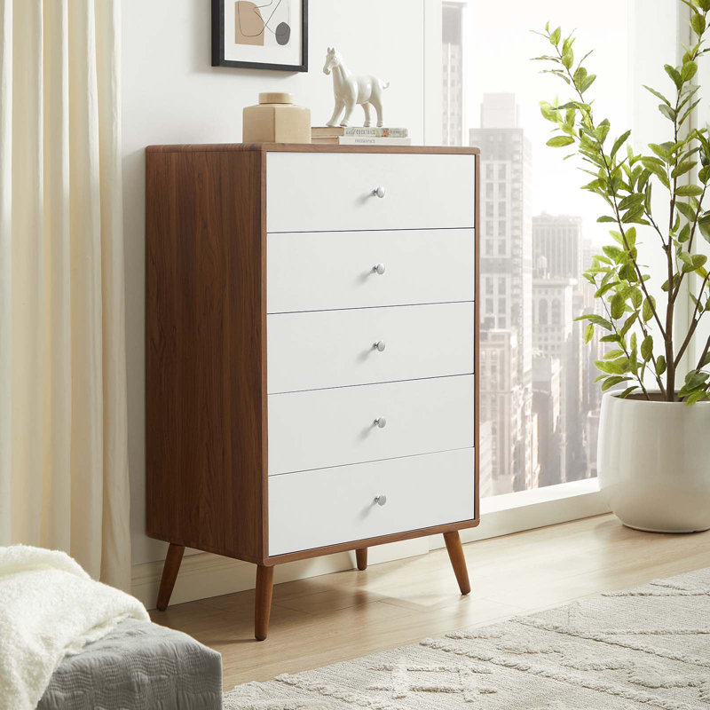 Mid-Century White and Walnut 5-Drawer Dresser with Chrome Pulls